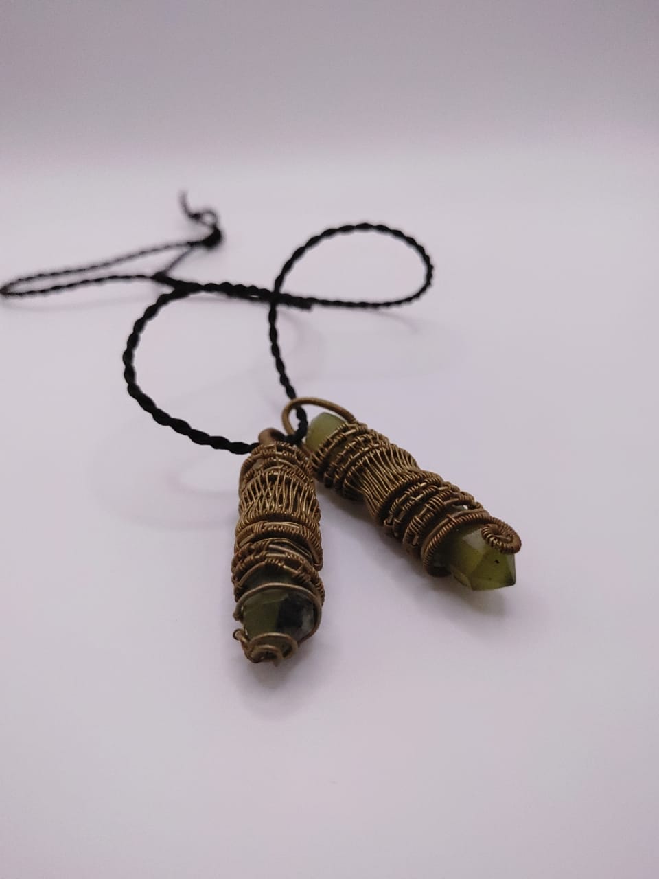Green-Stone Wire-Wrapped Pendant Pair